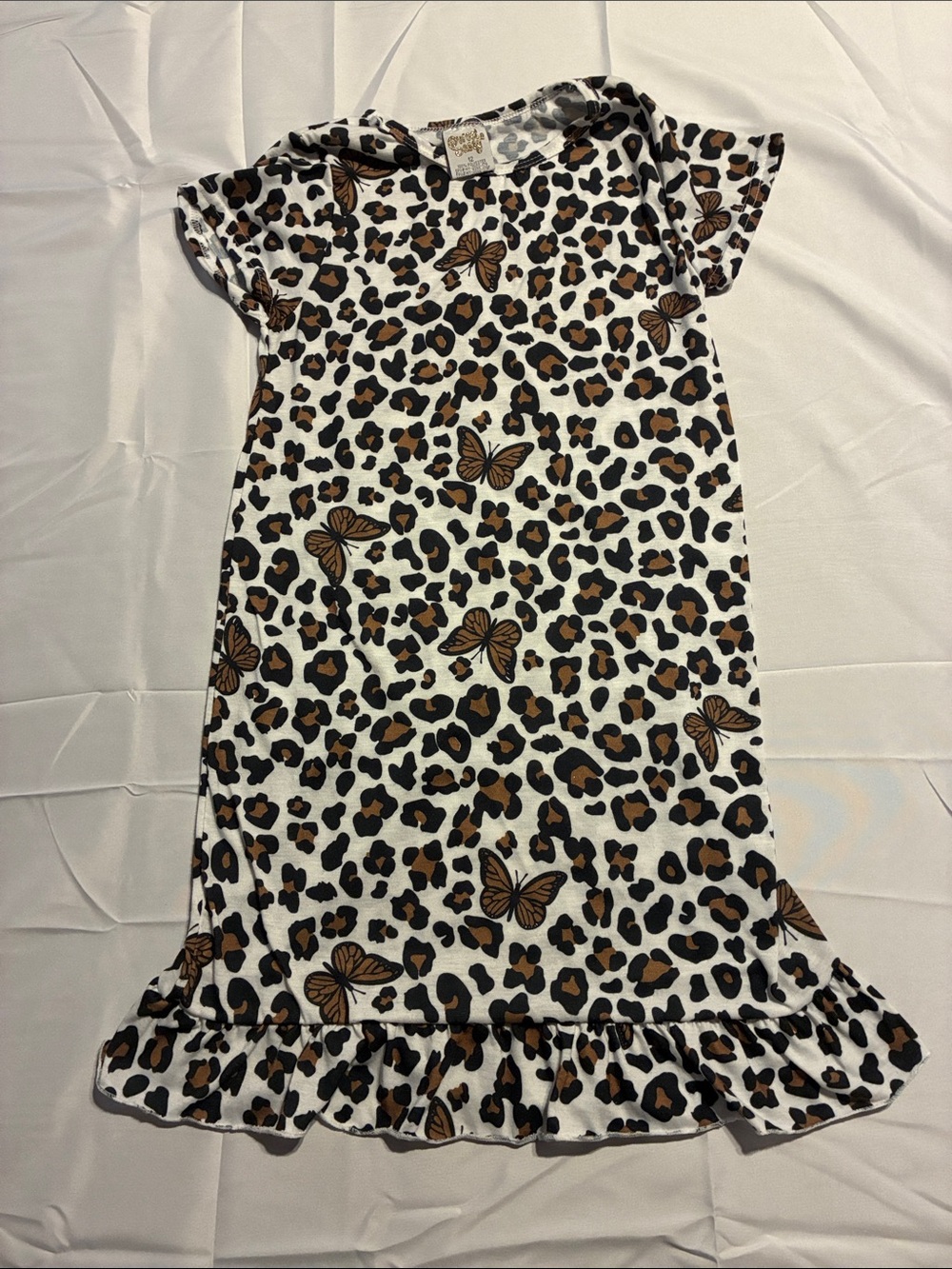 kd1 Kids White Leopard Print Dress with Brown Butterfly Accents